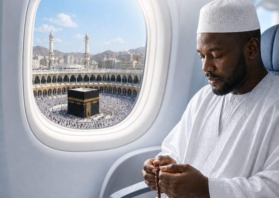 Pèlerin en prière, la Kaaba vue du hublot